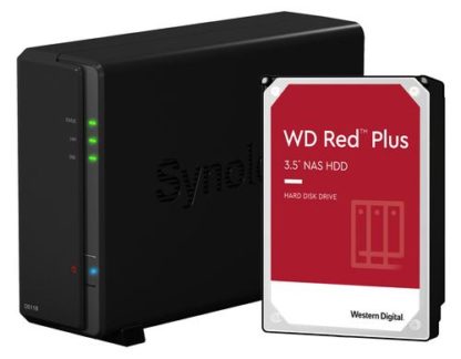 Synology NAS DiskStation DS118 1-bay WD Red Plus 4 TB, Anzahl Laufwerkschächte: 1, Speicherkapazität: 4 TB, Arbeitsspeicher erweiterbar: Nein, Schnittstellen: RJ-45 (LAN), Kensington-Schloss, USB 3.0, RAID: Nein, Hot-Swap Unterstützung: Nein DS118_4TB_WD_Red