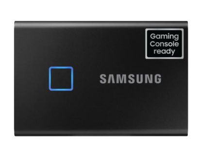 Samsung Externe SSD Portable T7 Touch, 2000 GB, Schwarz, Stromversorgung: Per Datenkabel, Speicherkapazität total: 2000 GB, Speicherverschlüsselung: 256-Bit-AES, Detailfarbe: Schwarz, Dateisystem: exFAT (Windows & Mac OS), Schnittstellen: Type-C USB 3.1 ( MU-PC2T0K/WW