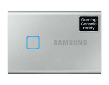 Samsung Externe SSD Portable T7 Touch, 2000 GB, Silber, Stromversorgung: Per Datenkabel, Speicherkapazität total: 2000 GB, Speicherverschlüsselung: 256-Bit-AES, Detailfarbe: Silber, Dateisystem: exFAT (Windows & Mac OS), Schnittstellen: Type-C USB 3.1 (3. MU-PC2T0S/WW