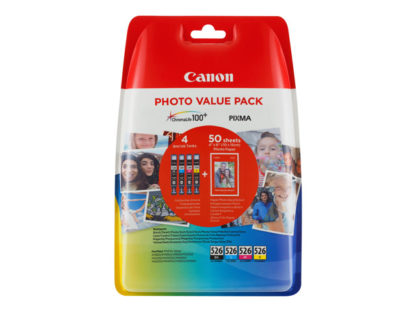 CANON CLI-526 Blister 4x6 Photo Paper PP-201 50 sheet + Cyan Magenta Yellow & black Inktanks 4540B017