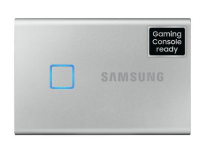 Samsung Externe SSD Portable T7 Touch, 1000 GB, Silber, Stromversorgung: Per Datenkabel, Speicherkapazität total: 1000 GB, Speicherverschlüsselung: 256-Bit-AES, Detailfarbe: Silber, Dateisystem: exFAT (Windows & Mac OS), Schnittstellen: Type-C USB 3.1 (3. MU-PC1T0S/WW