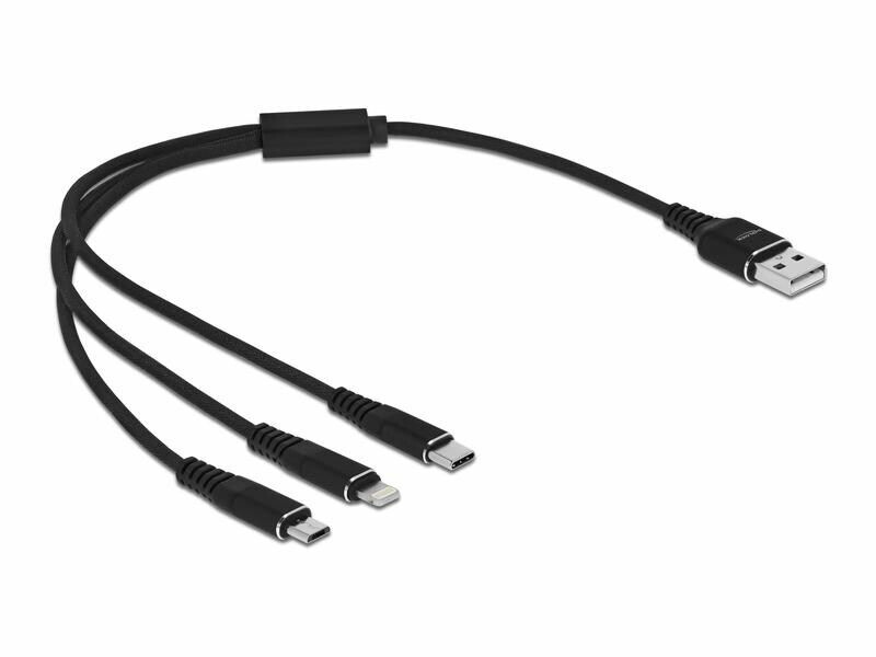 Delock USB-Ladekabel USB A - Lightning/Micro-USB B/USB C 0.3 m, Kabeltyp:  Ladekabel, Detailfarbe: Schwarz, USB Standard: 2.0 (480 Mbps), Länge: 0.3  m, USB Anschluss 2 (Endgerät): Lightning, Micro-USB B, USB C, Geschlecht